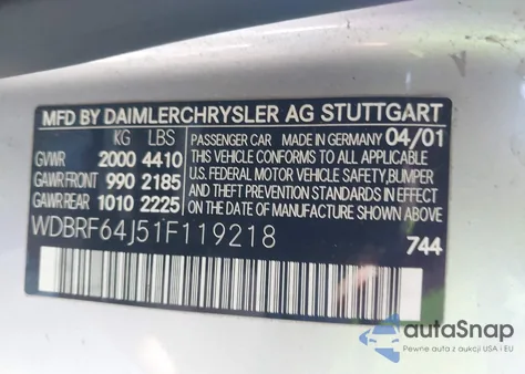 2001 Mercedes-Benz C 320 from USA, damaged, VIN WDBRF64J51F119218